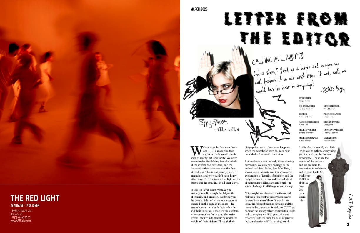 Cover spread for Cult Magazine with red advertisement and letter from the editor