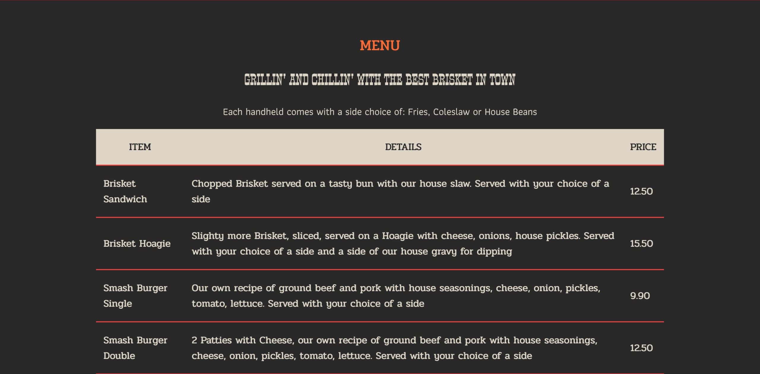 Menu list on Big Brisket BBQ website