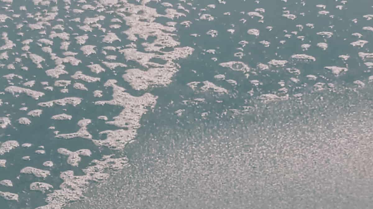 Close up textured image of sea foam on sand